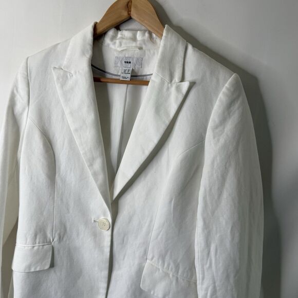 H&M Linen Blend Blazer Womens Size 8 White Single Breasted Preppy Capsule Career - Picture 3 of 15